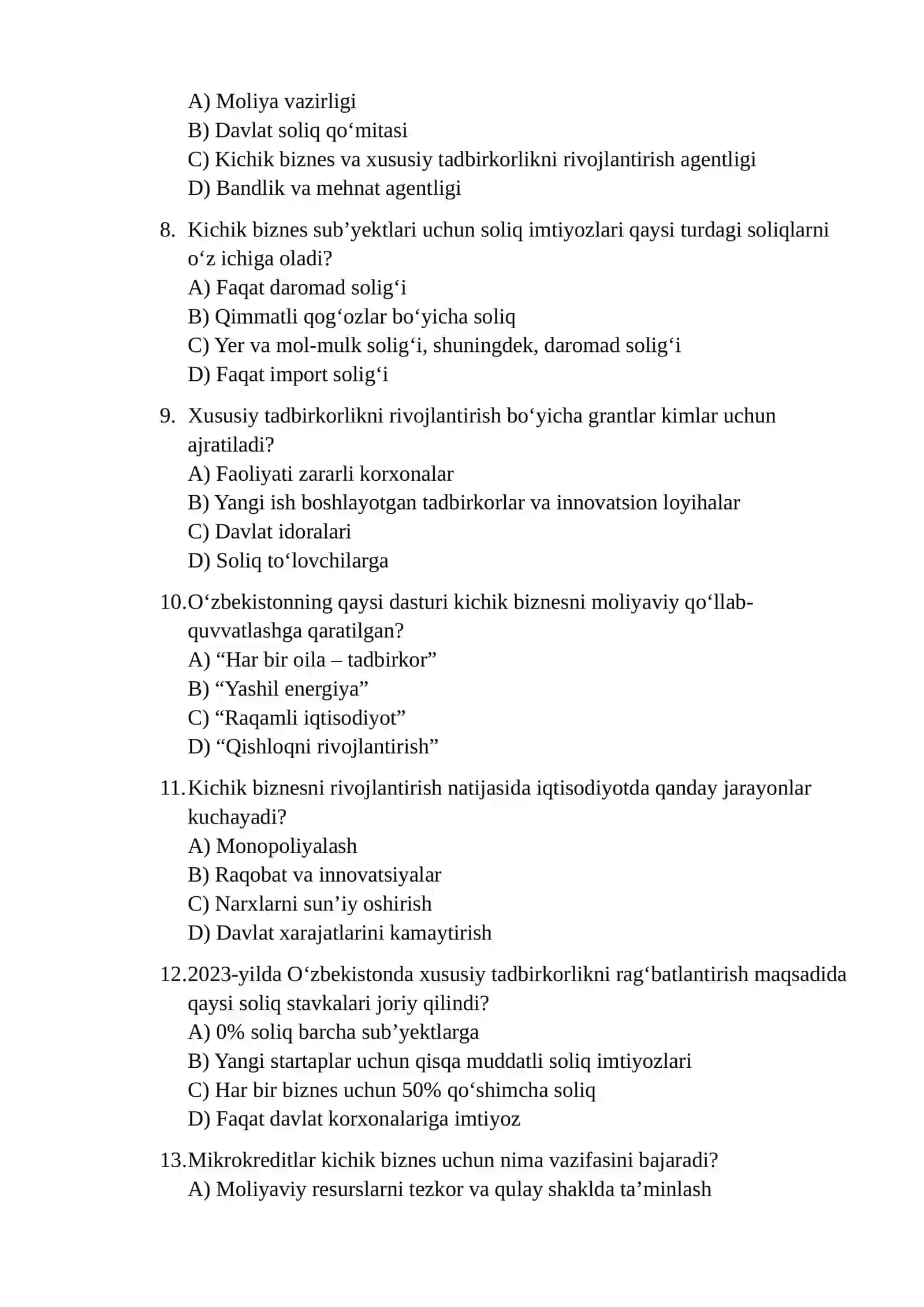 Kichik biznes va xususiy tadbirkorlikni rivojlantirish bo‘yicha asosiy qonun qaysi? 2