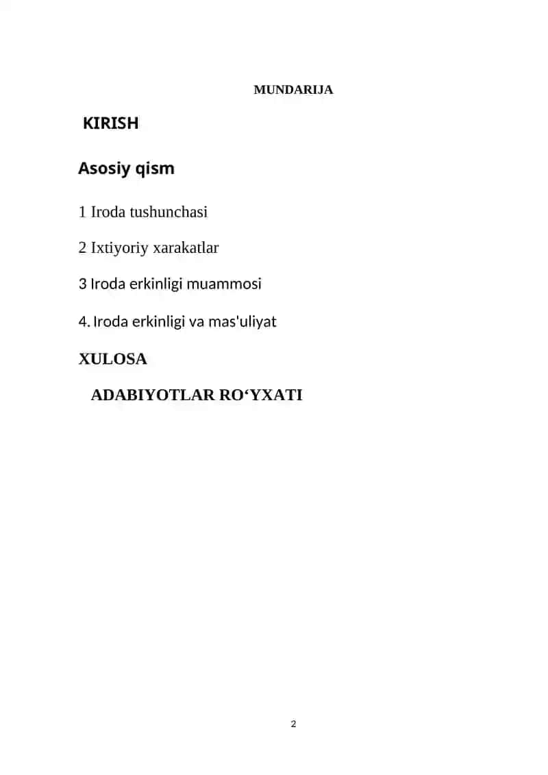 "Irodani aniqlash ixtiyoriy xarakatlar mezonlari va iroda erkinlgi muammosi" 2