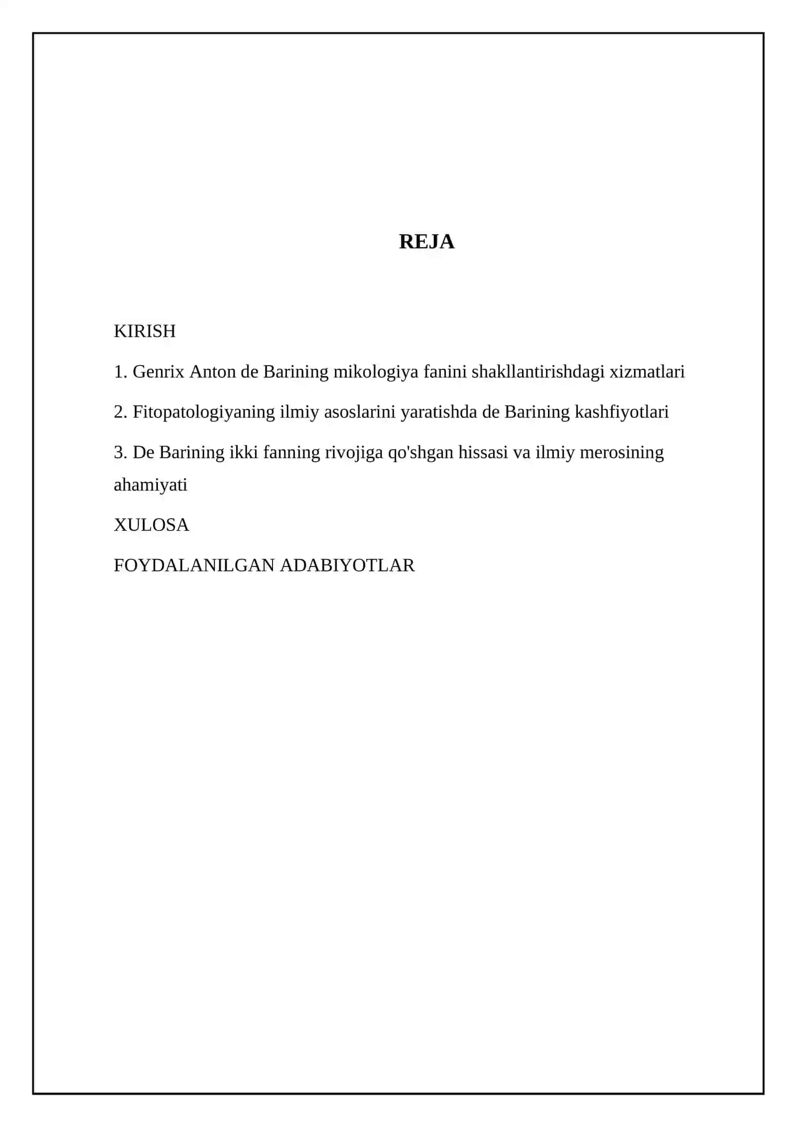 Mikologiya va fitopatologiya fanlari yaratilishida nemis olimi Genrix Anton de barining oʻrni mavzusi boʻyicha referat 2
