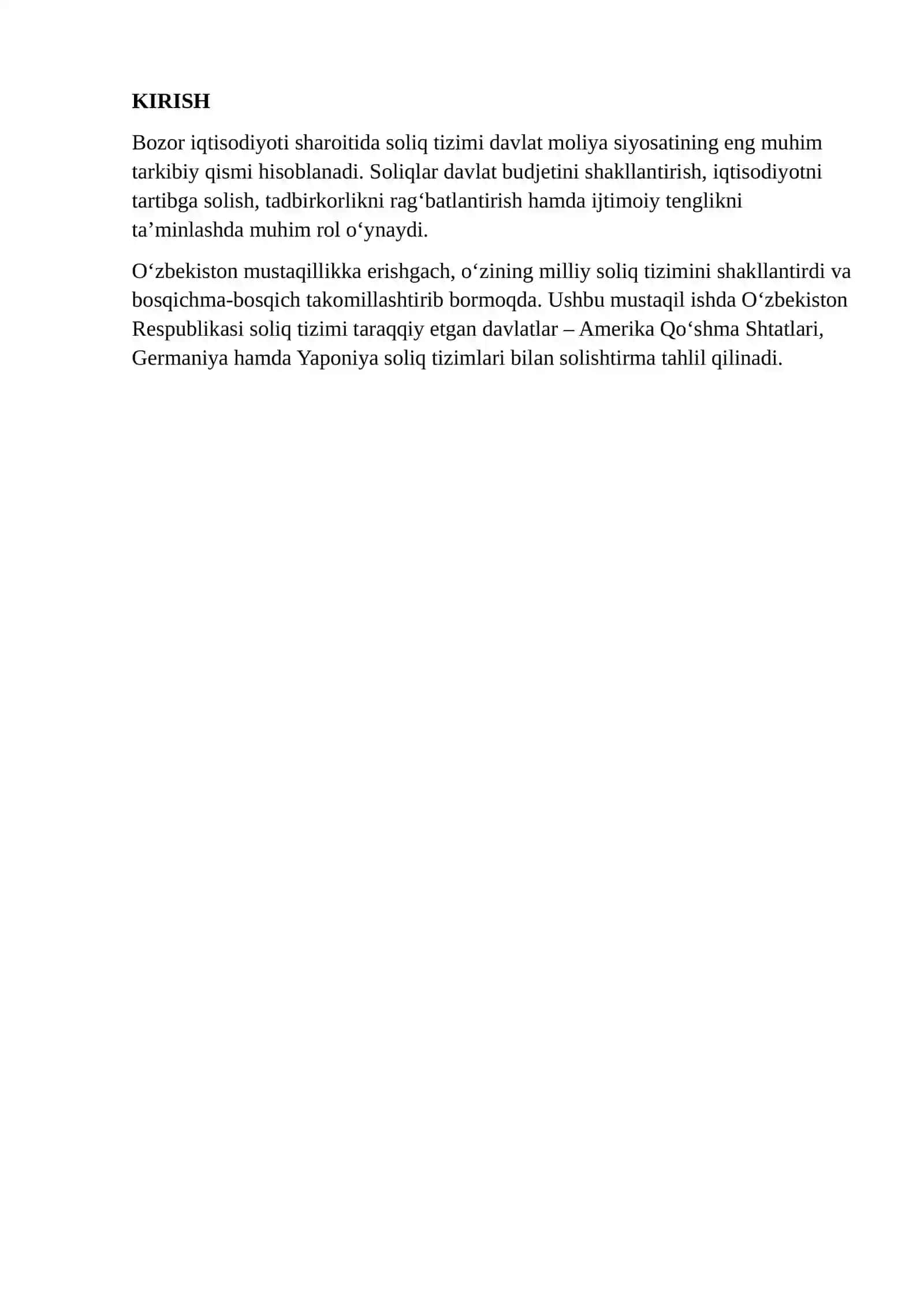 OʻZBEKISTON RESPUBLIKASI SOLIQ TIZIMINING TARAQQIY ETGAN DAVLATLAR SOLIQ TIZIMI BILAN SOLISHTIRMA TAHLILI 2