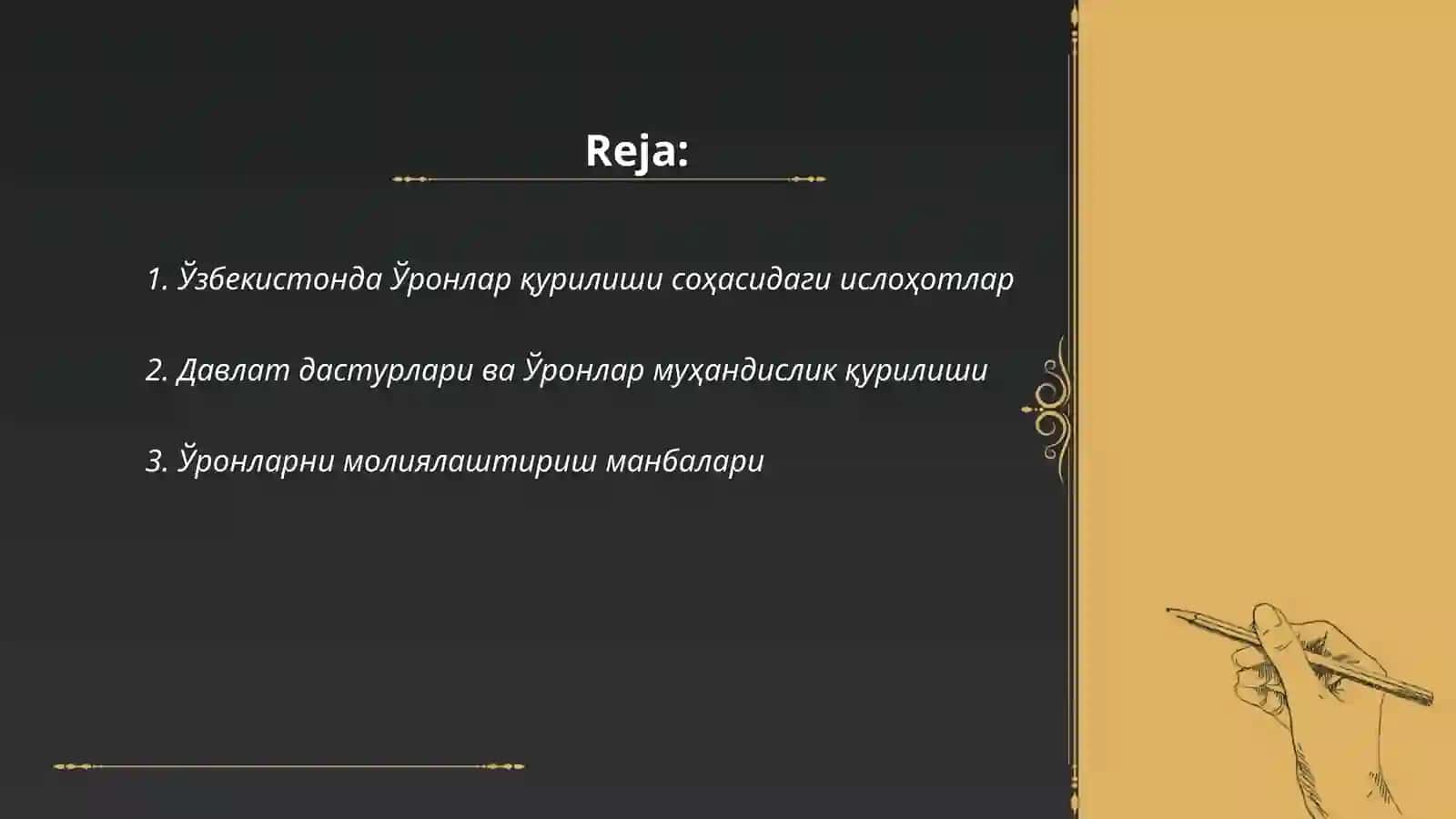 Ўзбекистонда Ўронлар қурилиши соҳасидаги ислоҳотлар 2