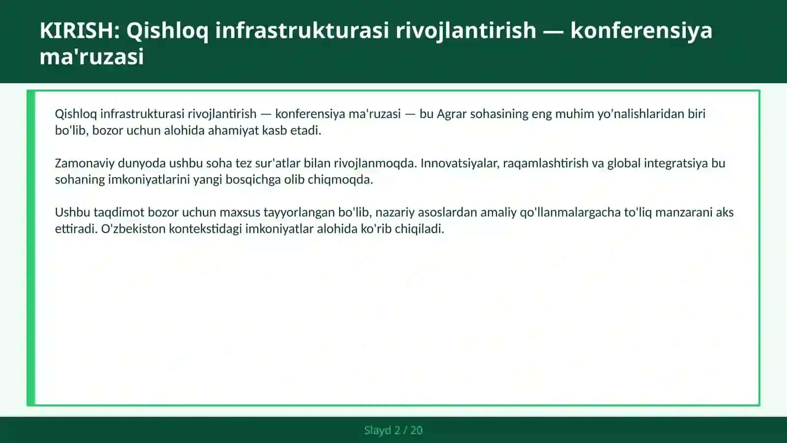 Qishloq infrastrukturasi rivojlantirish — konferensiya ma'ruzasi 2