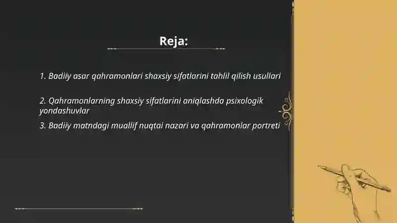 Badiiy asar qahramonlari shaxsiy sifatlarini baholashning mazmuni,usullari va metodlari 2