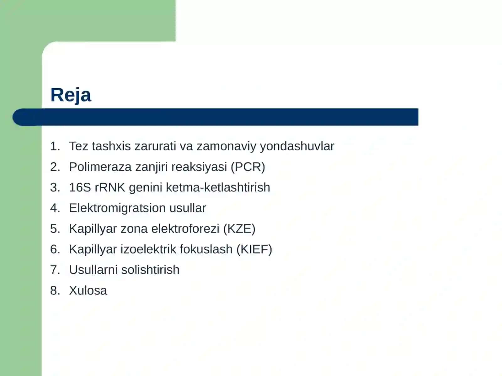Bakteriyalami tez tashxis qo‘yishda hozirgi zamon yondashuvlari, molekulyar genetik usullari polimeraza zanjiri reaktsiyasiga asoslangan 16S ribosomali RNK. genini ketmaketlashtirish, elektromigratsiya, xususan, kapillyar zona elektroforezi va kapillyar izoelektrik fokuslash usullari 2