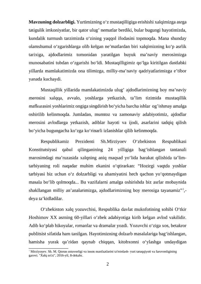 “O‘zbek adabiyoti” fanidan “O‘tkir Hoshimovning “Tushda kechgan umrlar” romanida fojiaviylik” 2
