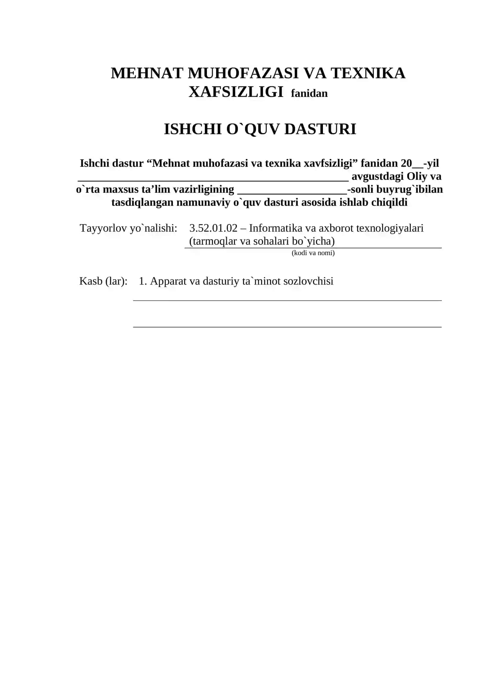 MEHNAT MUHOFAZASI VA TEXNIKA XAVFSIZLIGI fanidan o'qitish materiallari to'plami 2