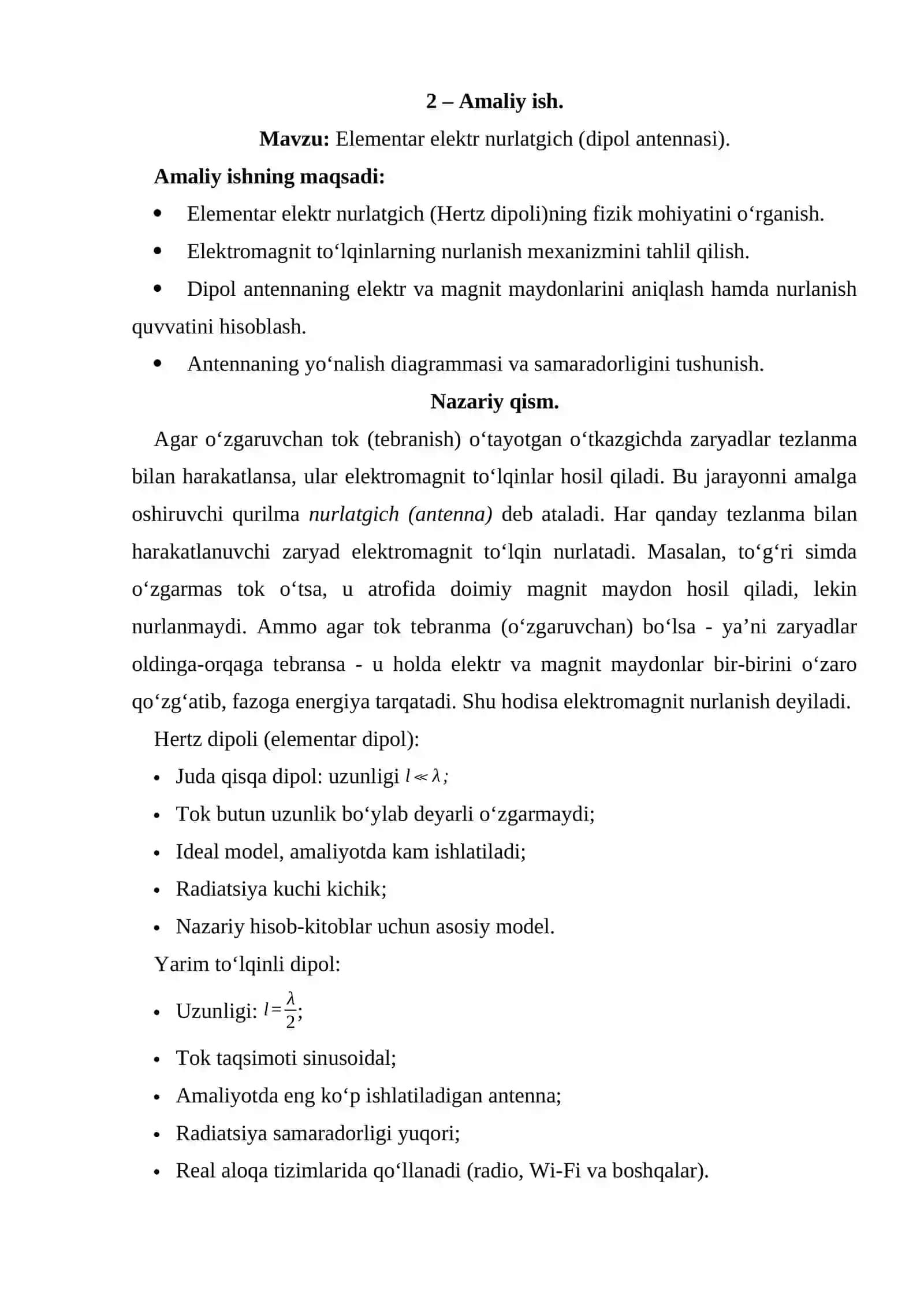 Elementar elektr nurlatgich (dipol antennasi). 2