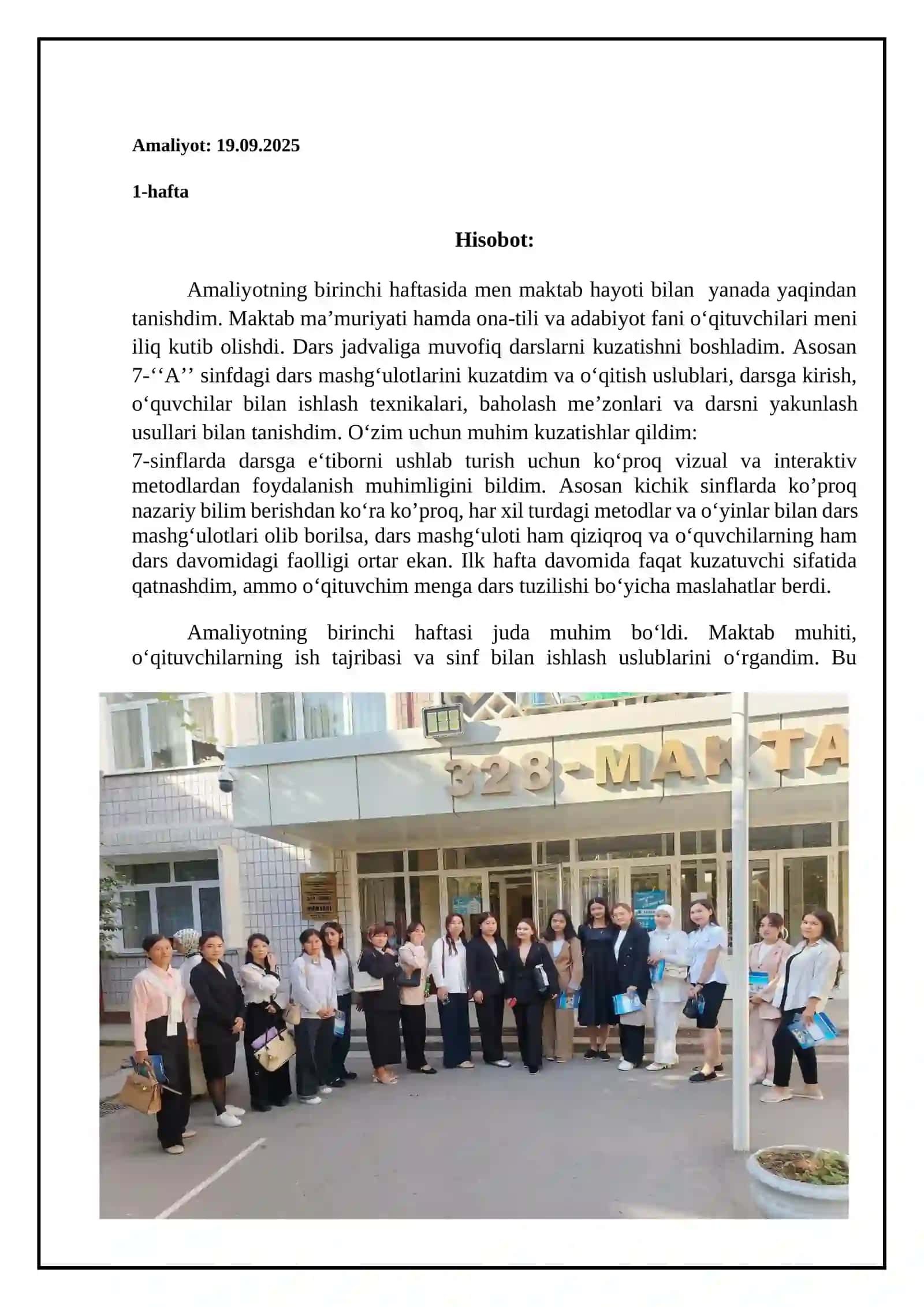 202-GURUH TALABASI UMBATQULOVA MAFTUNA SHAMSIDDIN QIZINING O‘QUV-TANISHUV AMALIYOTI YUZASIDAN HISOBOTI 2