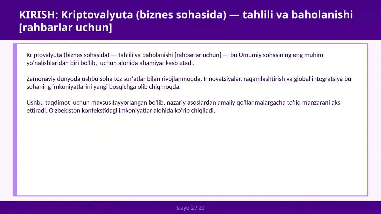 KRIPTOVALYUTA (BIZNES SOHASIDA) — TAHLILI VA BAHOLANISHI [RAHBARLAR UCHUN] 2