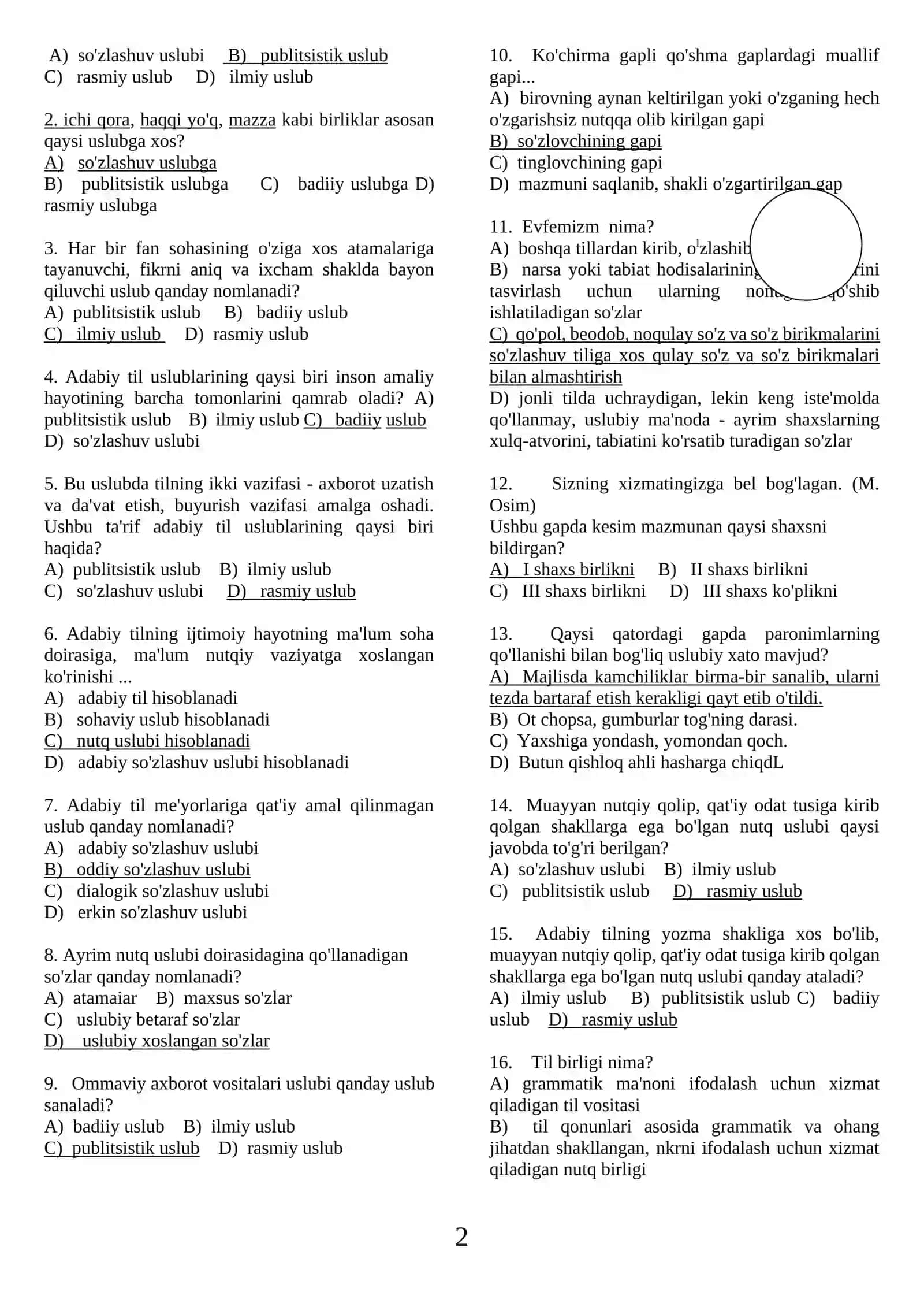 Uslubiyat, punktuatsiya, ko'chirma gap testlar 2