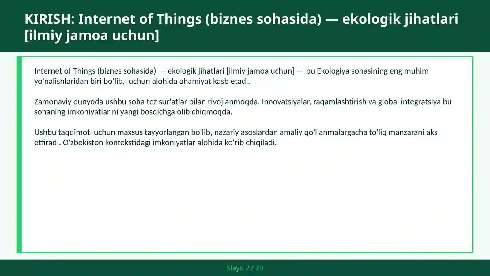 Internet of Things (Biznes Sohasida) — Ekologik Jihatlari [Ilmiy Jamoa Uchun] 2