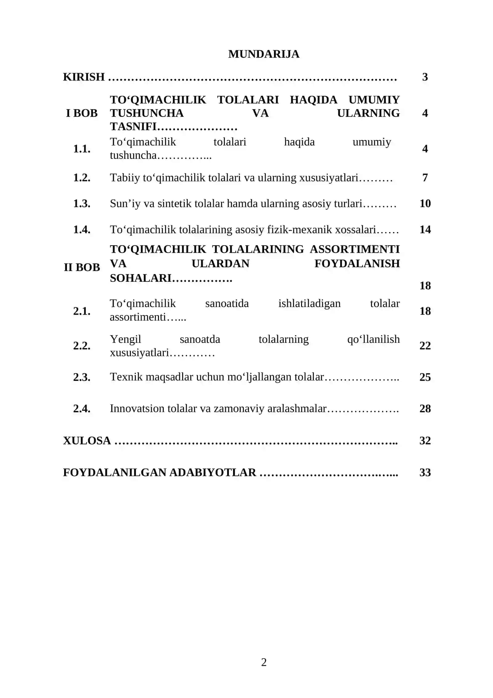 TO'QIMACHILIK TOLALARI HAQIDA UMUMIY TUSHUNCHA. TO'QIMACHILIK TOLALARINING TASNIFI VA ASSORTIMENTI 2