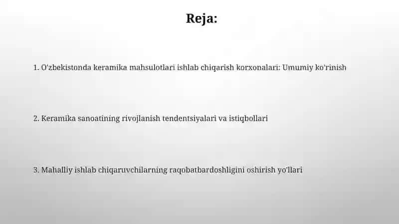 O'zbekistondagi keramik buyumlari ishlab chiqaruvchi korxonalari 2