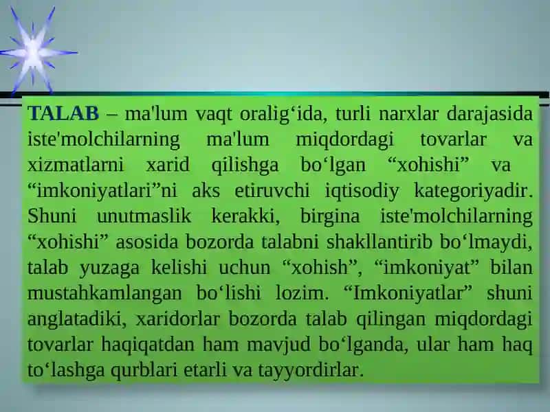 TALAB VATAKLIF. BOZOR MUVOZANATI 2