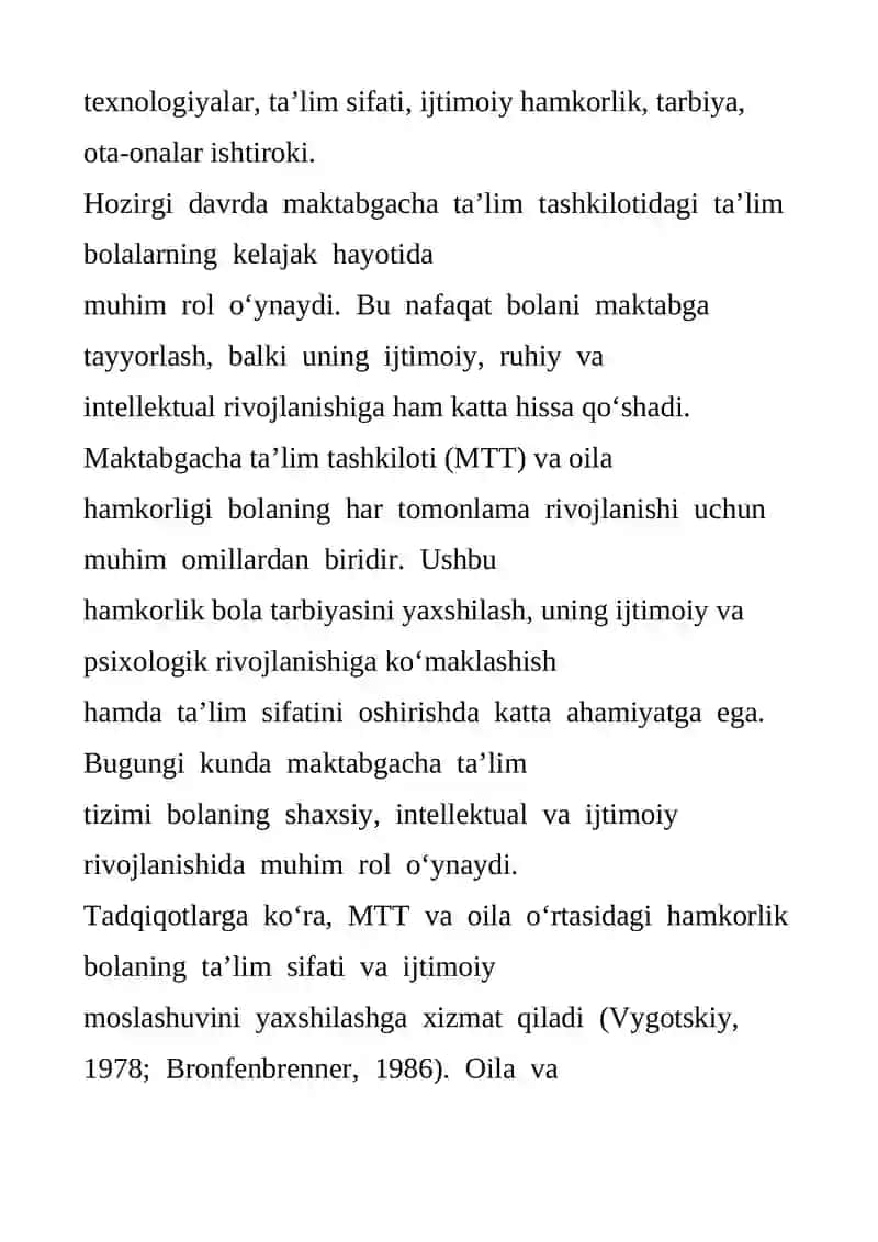 Maktabgacha ta’lim tashkiloti va oila hamkorligininig bugungi kundagi muhim jihatlari tahlili 2