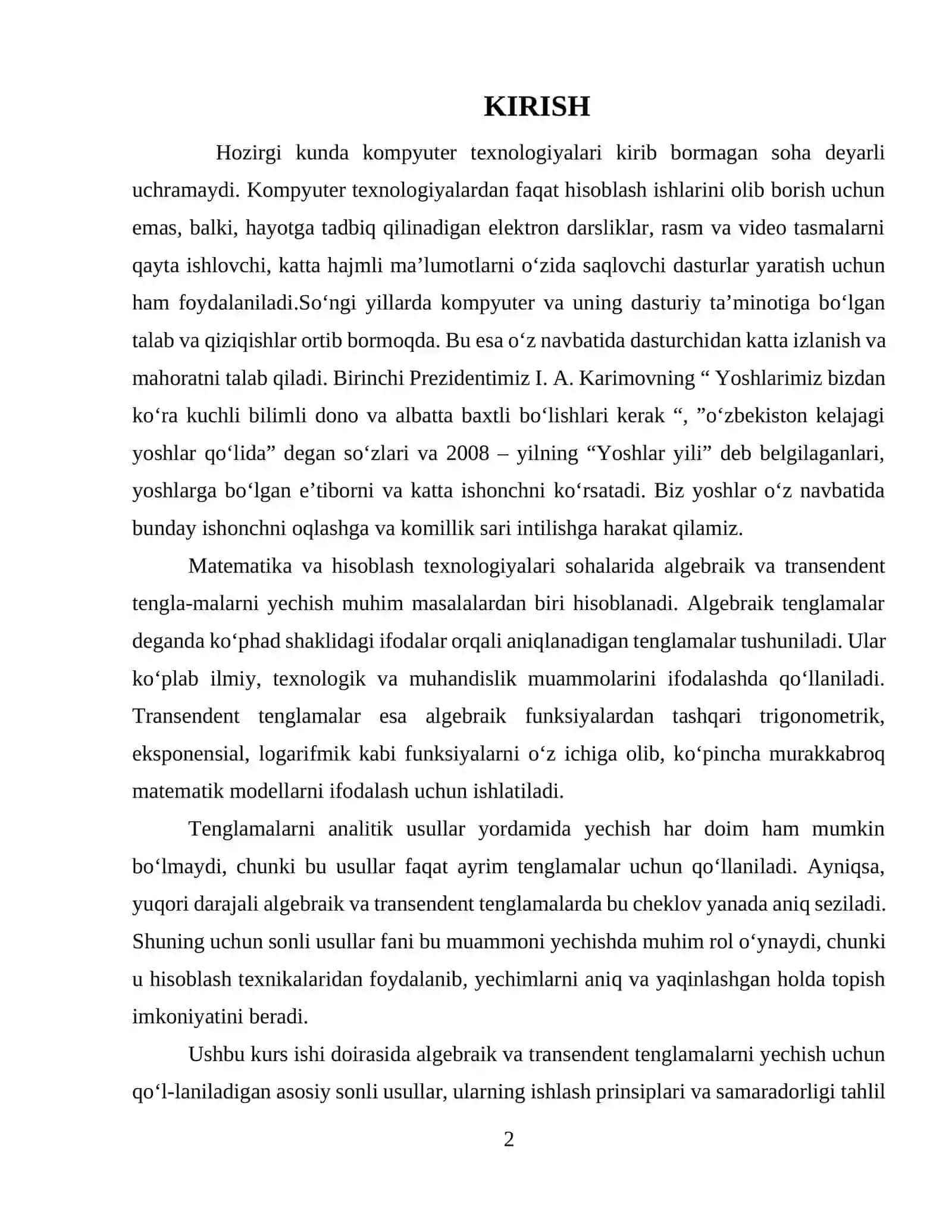 Algebraik va transendent tenglamalarni taqribiy yechish yuqori tartibli iteratsion usullari 2