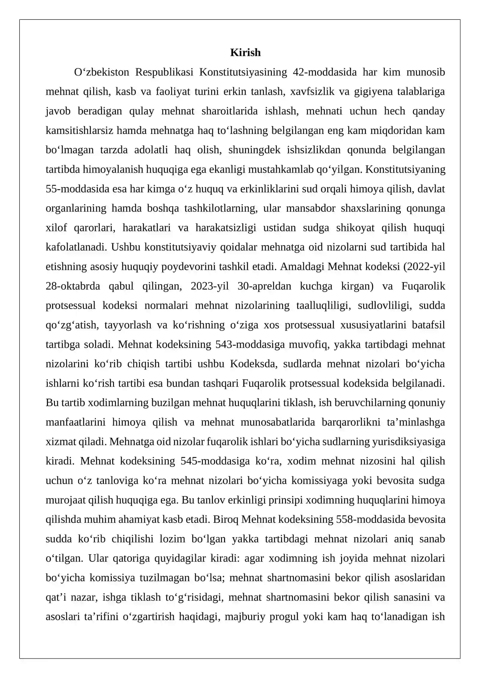 Mehnatga oid nizolarning taalluqliligi va sudlovliligi, sudda qo‘zg‘atish,tayyorlash va ko‘rishning protsessual xususiyatlari 2