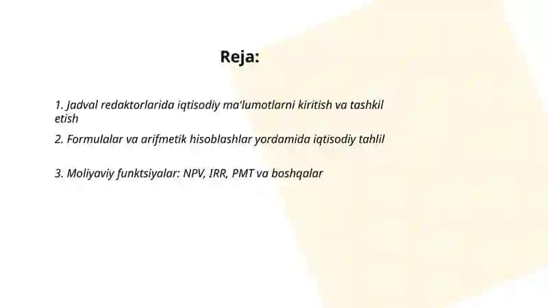 Iqtisodiy axborotlarni jadval redaktorlari vositalaridan foydalangan holda qayta ishlash dasturlari 2