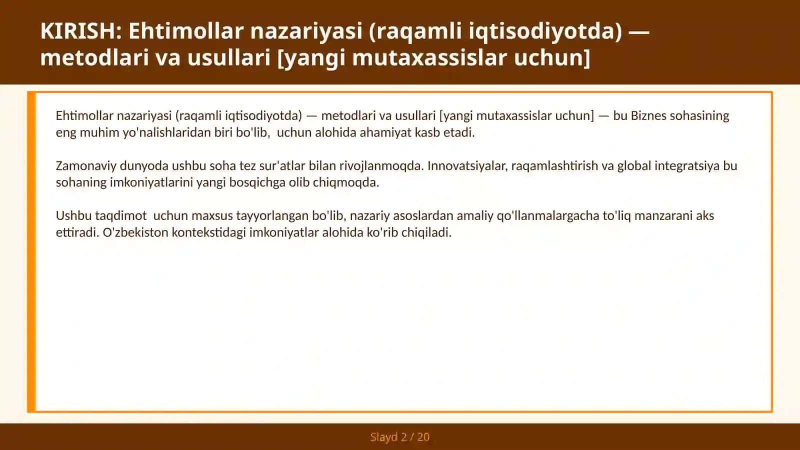 EHTIMOLLAR NAZARIYASI (RAQAMLI IQTISODIYOTDA) — METODLARI VA USULLARI [YANGI MUTAXASSISLAR UCHUN] 2