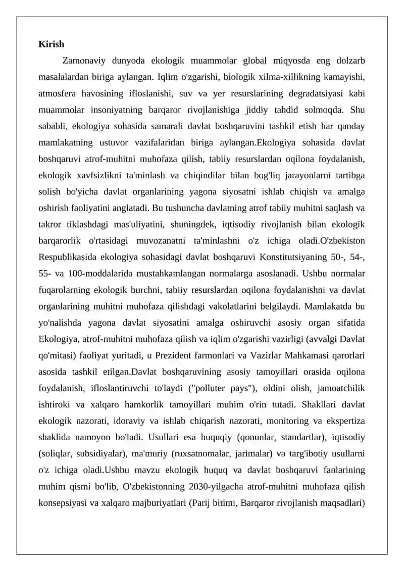 Ekologiya sohasida davlat boshqaruvi tushunchasi, tamoyilari, shakillari va usullari 2