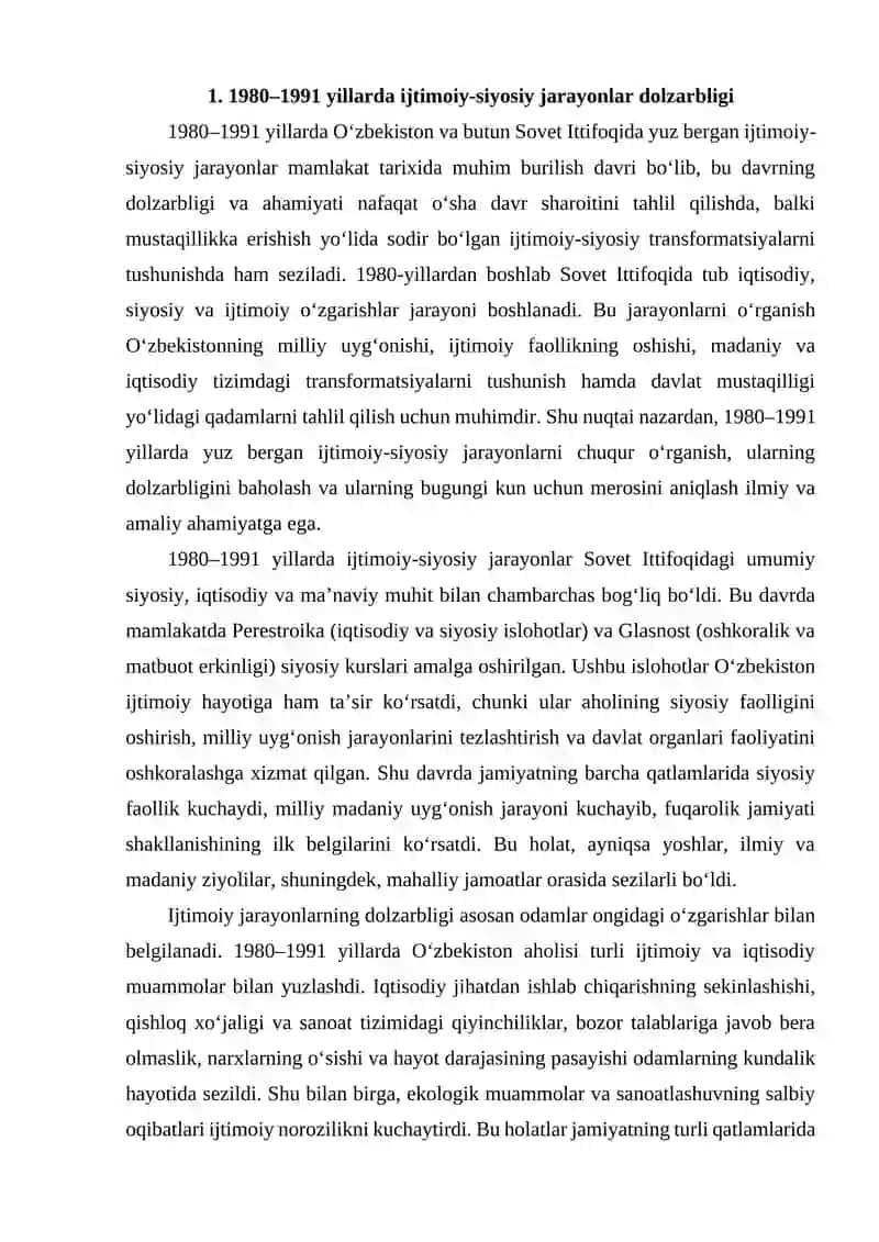 Mustaqillikka erishish arafasida O‘zbekistondagi ijtmoiy siyosiy jarayonlar 2