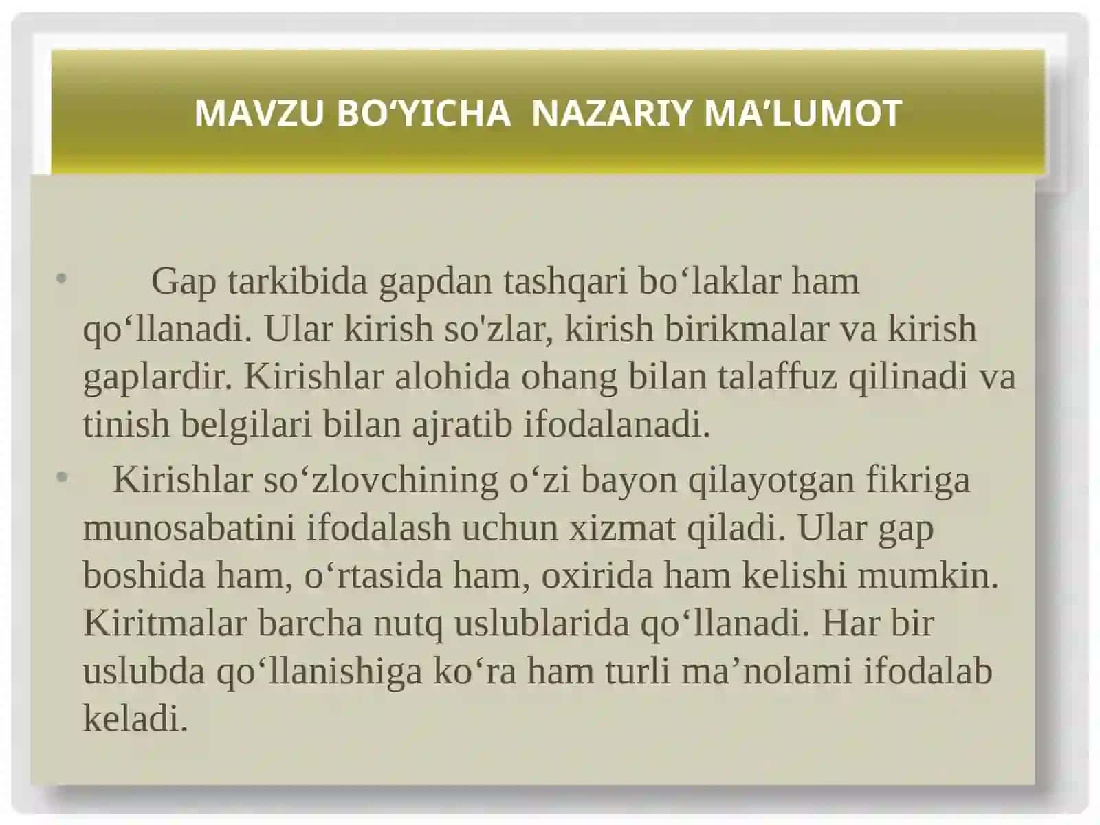Matn tarkibida qo‘llangan kirish so‘z, kirish birikma va kirish gaplarning uslubiy o‘rni 2