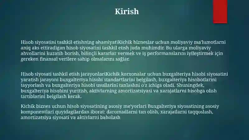 Kichik Beznesda Hisob Siyosatini Tashkil Etish Masalalari 2