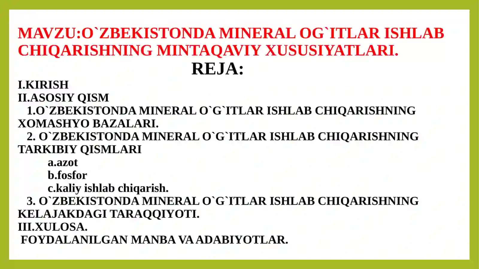 O`ZBEKISTONDAMINERALO`G`ITLARISHLABCHIQARISHNINGMINTAQAVIYXUSUSIYATLARI 2