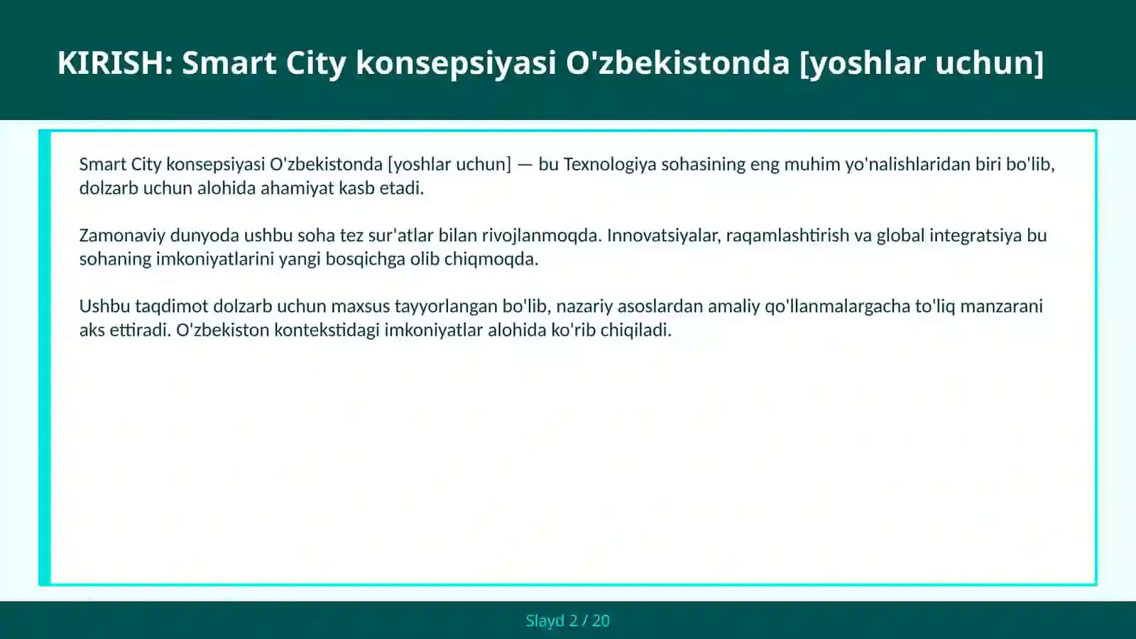 SMART CITY KONSEPSIYASI O'ZBEKISTONDA [YOSHLAR UCHUN] 2