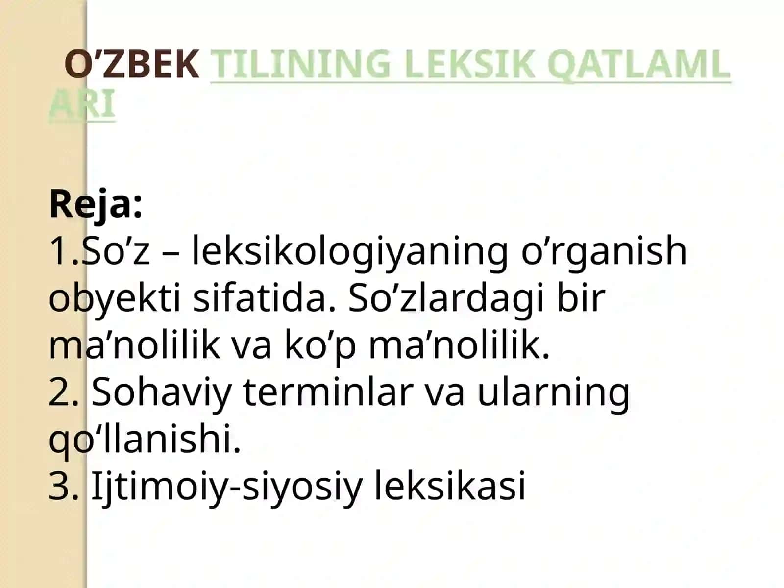 YeSBKIT TA’LIM YO’NALISHI 86-21 GURUH TALABASIERGASHEVA FERUZA NING O’ZBEK TILINI SOXADA QO’LLANILISHI FANIDAN TAQDIMOT LOYIHASI 2