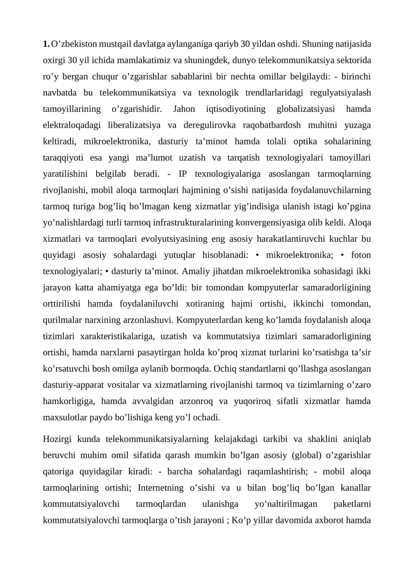 O‘zbekiston Respublikasida telekommunikatsiya tarmog‘ining rivojlanishi 2
