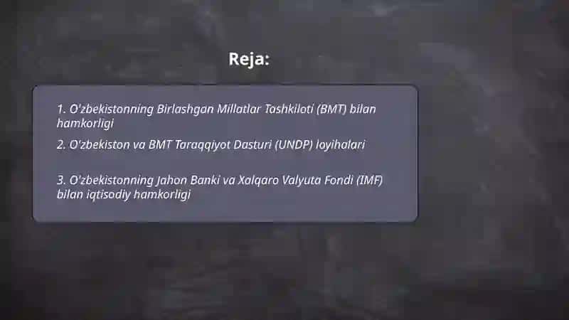 Ôzbekistonning xalqaro tashkilotlar bilan hamkorlik aloqalari 2