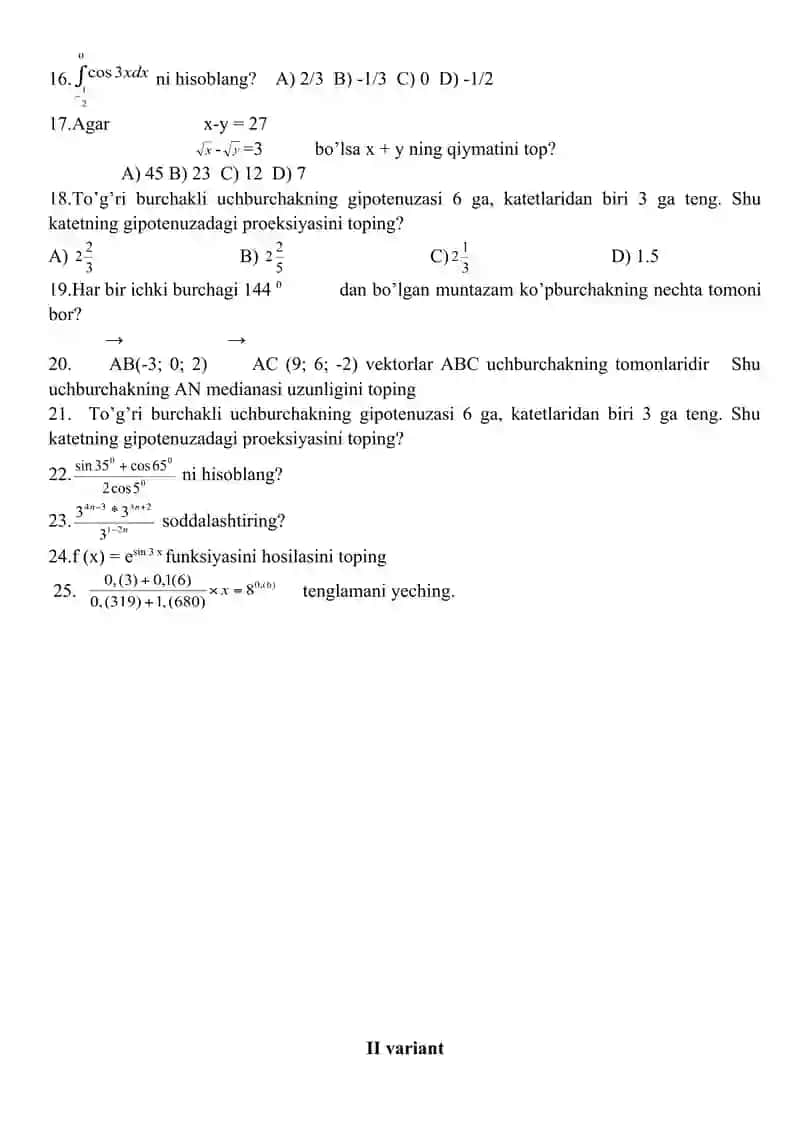 Matematikadan Olimpiada savollari 2
