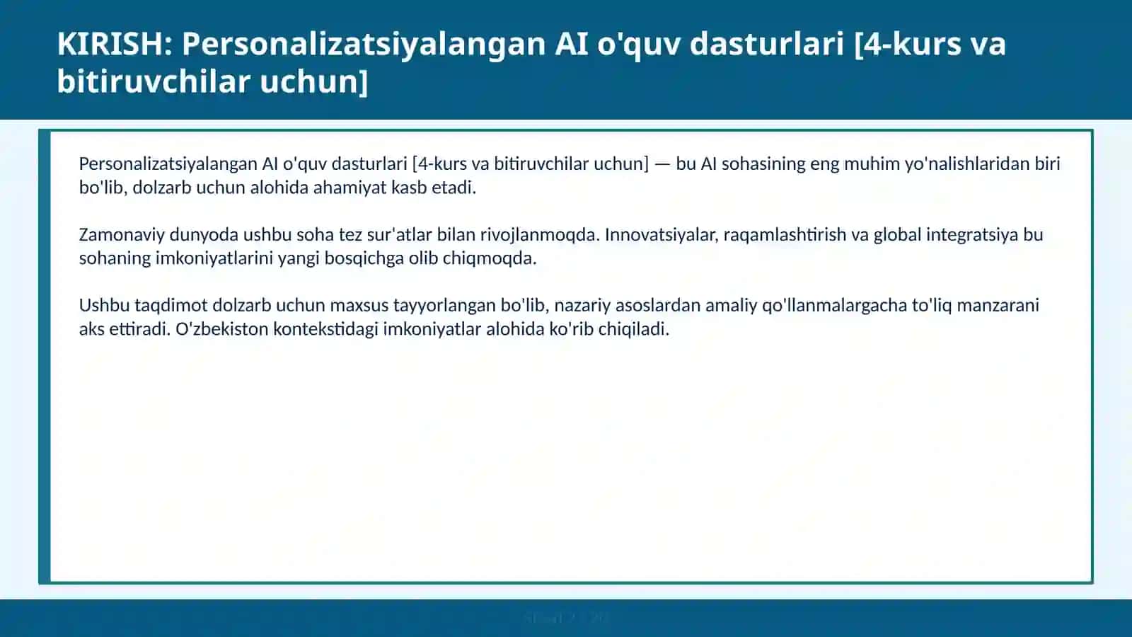 Personalizatsiyalangan AI O'quv Dasturlari [4-Kurs va Bitiruvchilar Uchun] 2