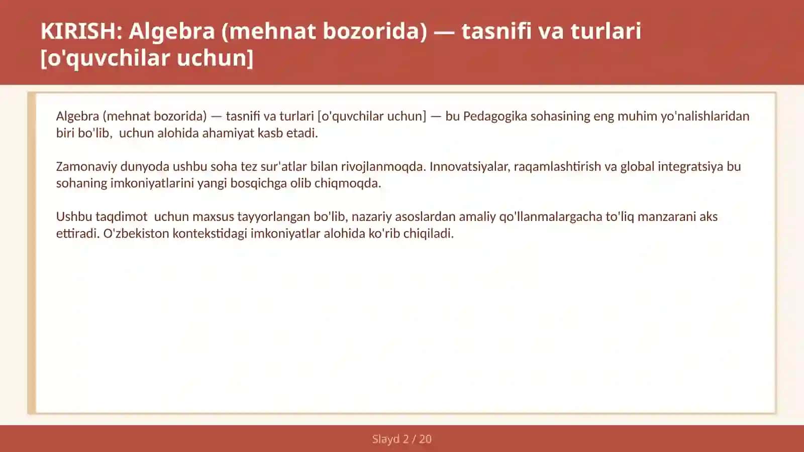 Algebra (Mehnat Bozorida) - Tasnifi va Turlari [O'quvchilar Uchun] 2