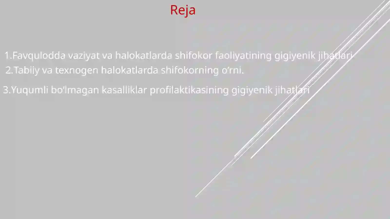 Favqulotdavaziyatlarvahalokatlardashifokorishininggigiyenikjihatlari.Tabiiyvatexnogenhalokatlarnibartarafetishdashifokorningo’rni.O’ZRaholisiningengmuhimyuqumlibo’lmagankasalliklariprofilaktikasininggigiyenikjihatlari 2