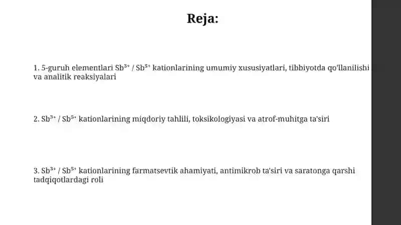 5 guruh Sb³⁺ / Sb⁵⁺ kationlarini tibbiyotda qoʻllanilishi va analitik reaksiyalari 2
