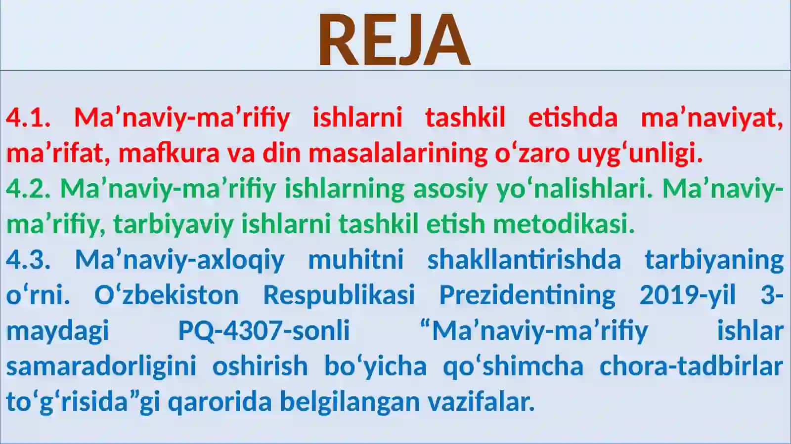 Uzluksiz ta’lim jarayonida shaxsning ma’naviy kamolotiga oid fazilatlarni shakllantirish. Ma’naviy-ma’rifiy ishlarining takomillashuvi – tarbiyaning asosi. 2