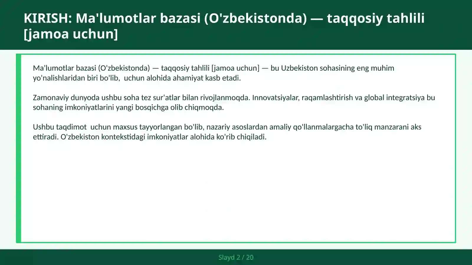 MA'LUMOTLAR BAZASI (O'ZBEKISTONDA) — TAQQOSIY TAHLILI [JAMOA UCHUN] 2