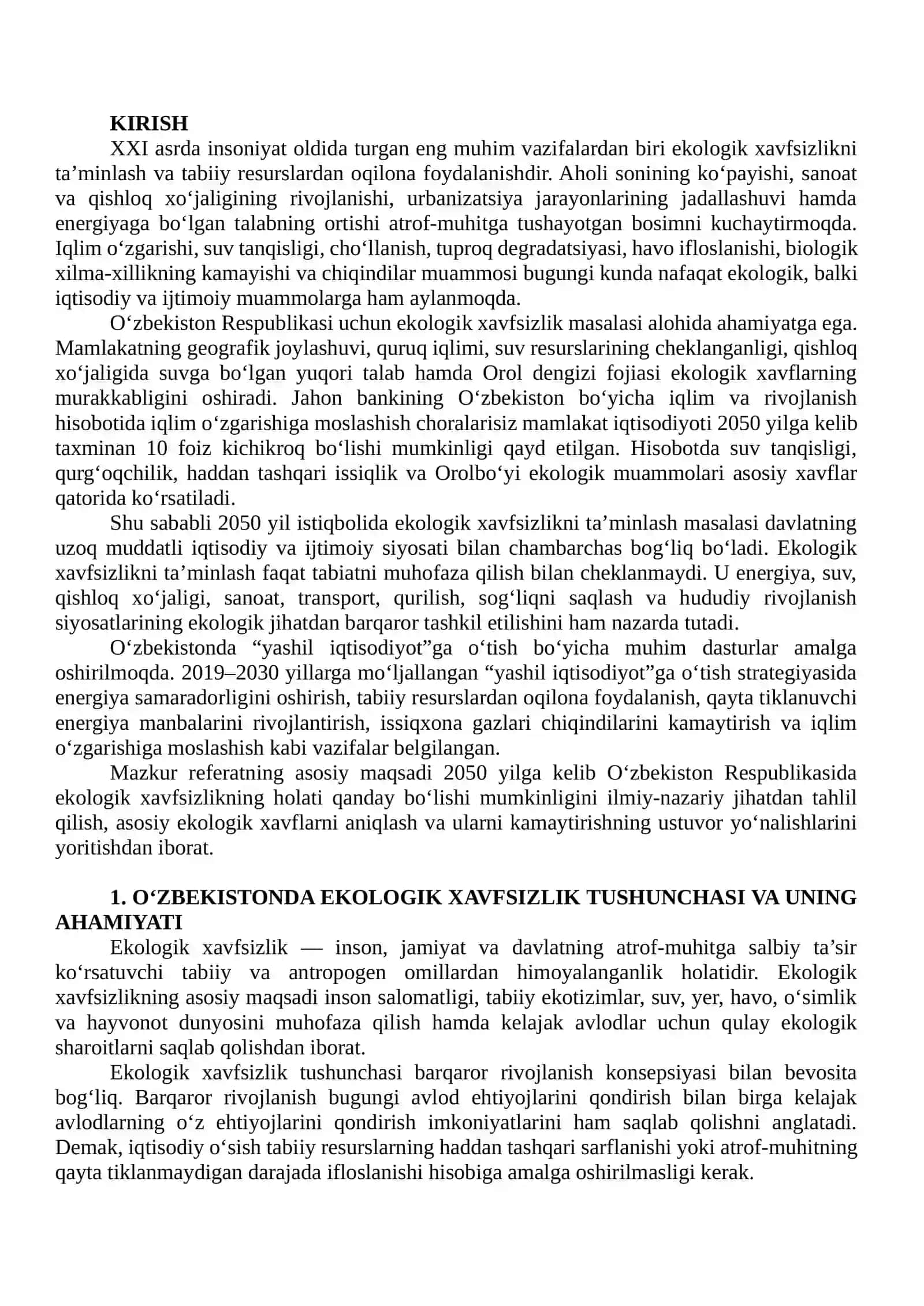 2050 YILDA O‘ZBEKISTON RESPUBLIKASIDA EKOLOGIK XAVFSIZLIK 2