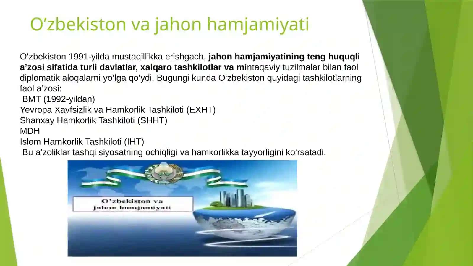 O’ZBEKISTON VA JAHON HAMJAMIYATI.YANGI O’ZBEKISTON IJTIMOIY- SIYOSIY,IQTISODIYVA MADANIY HAYOTIDA RO 2
