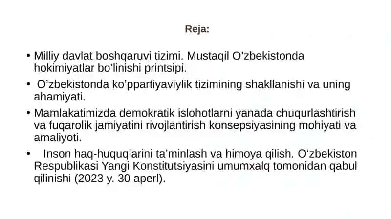 O‘zbekistonda demokratik, fuqorolik jamiyati asoslarining shakllanishi, amalga oshirilgan siyosiy islohotlar. 2