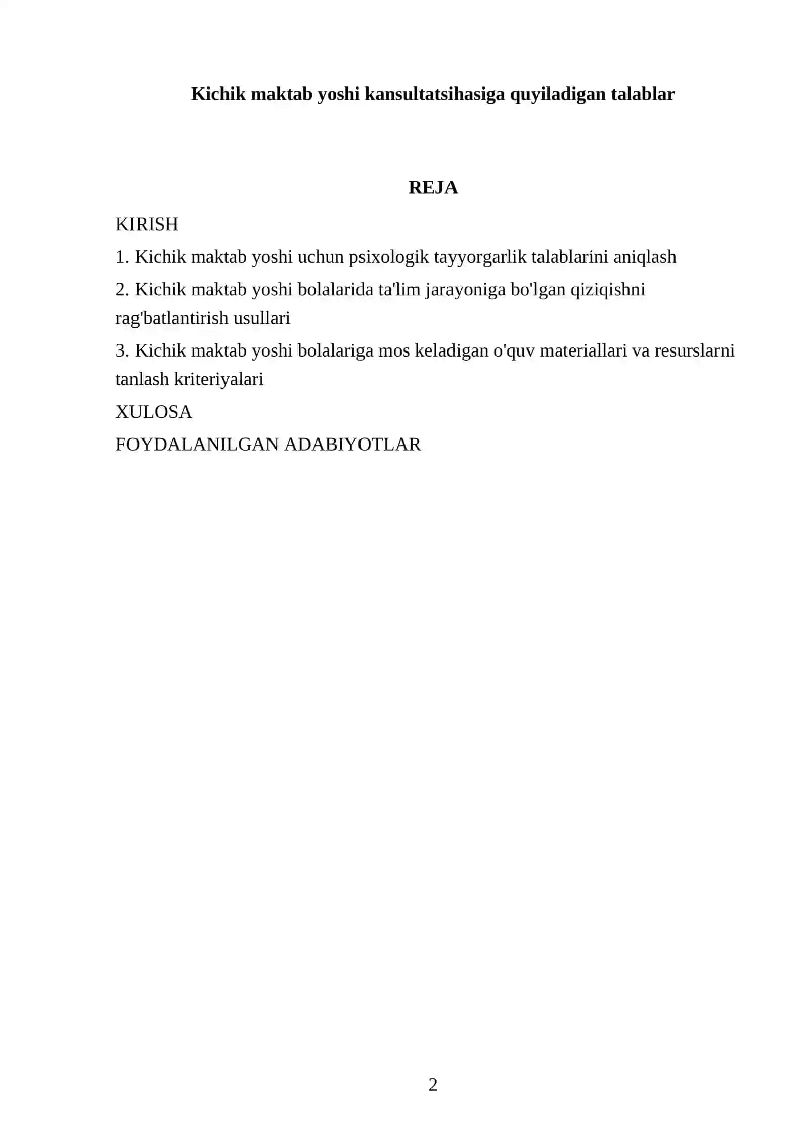 Kichik maktab yoshi kansultatsihasiga quyiladigan talablar 2