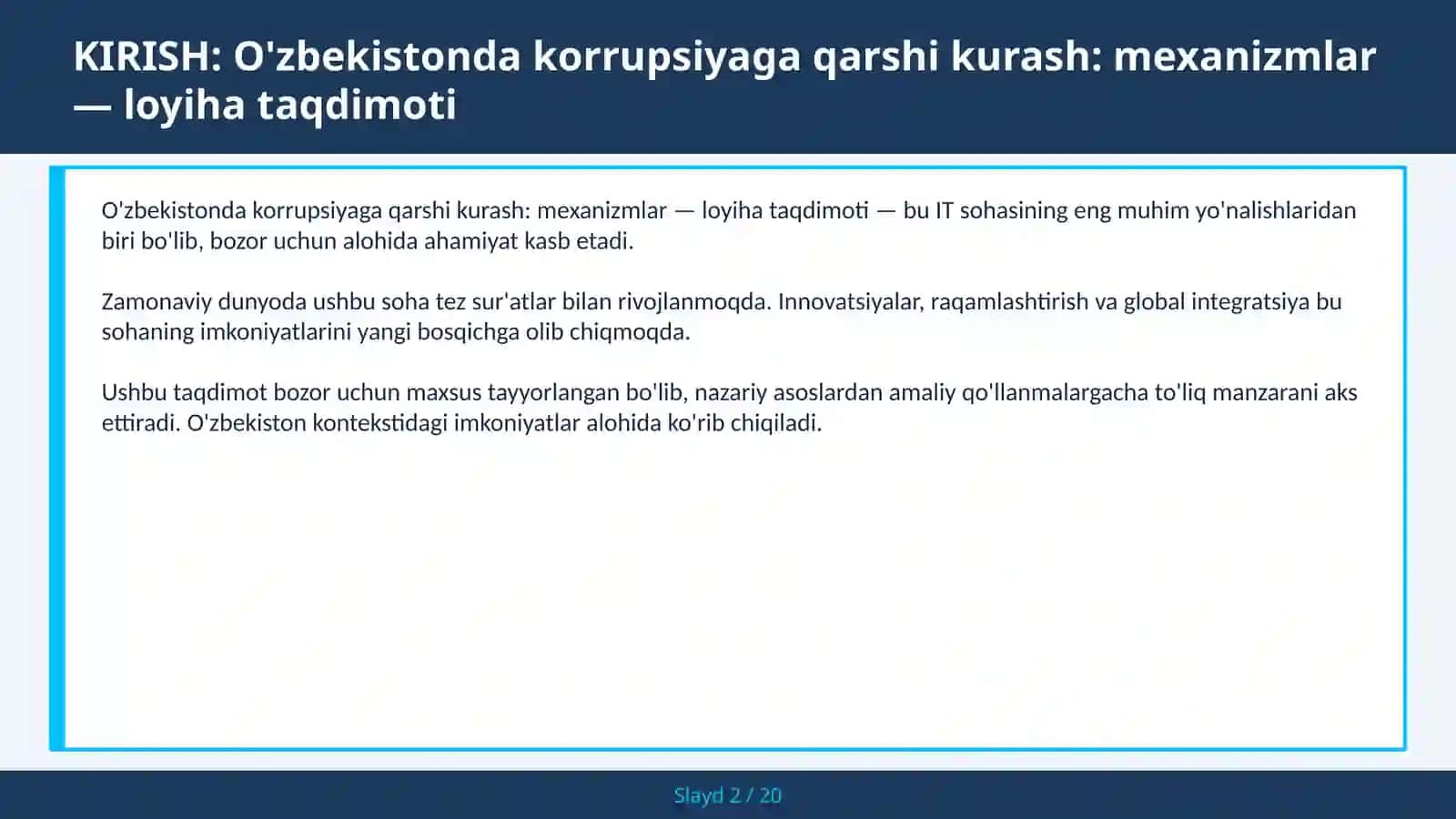 O'zbekistonda korrupsiyaga qarshi kurash: mexanizmlar — loyiha taqdimoti 2