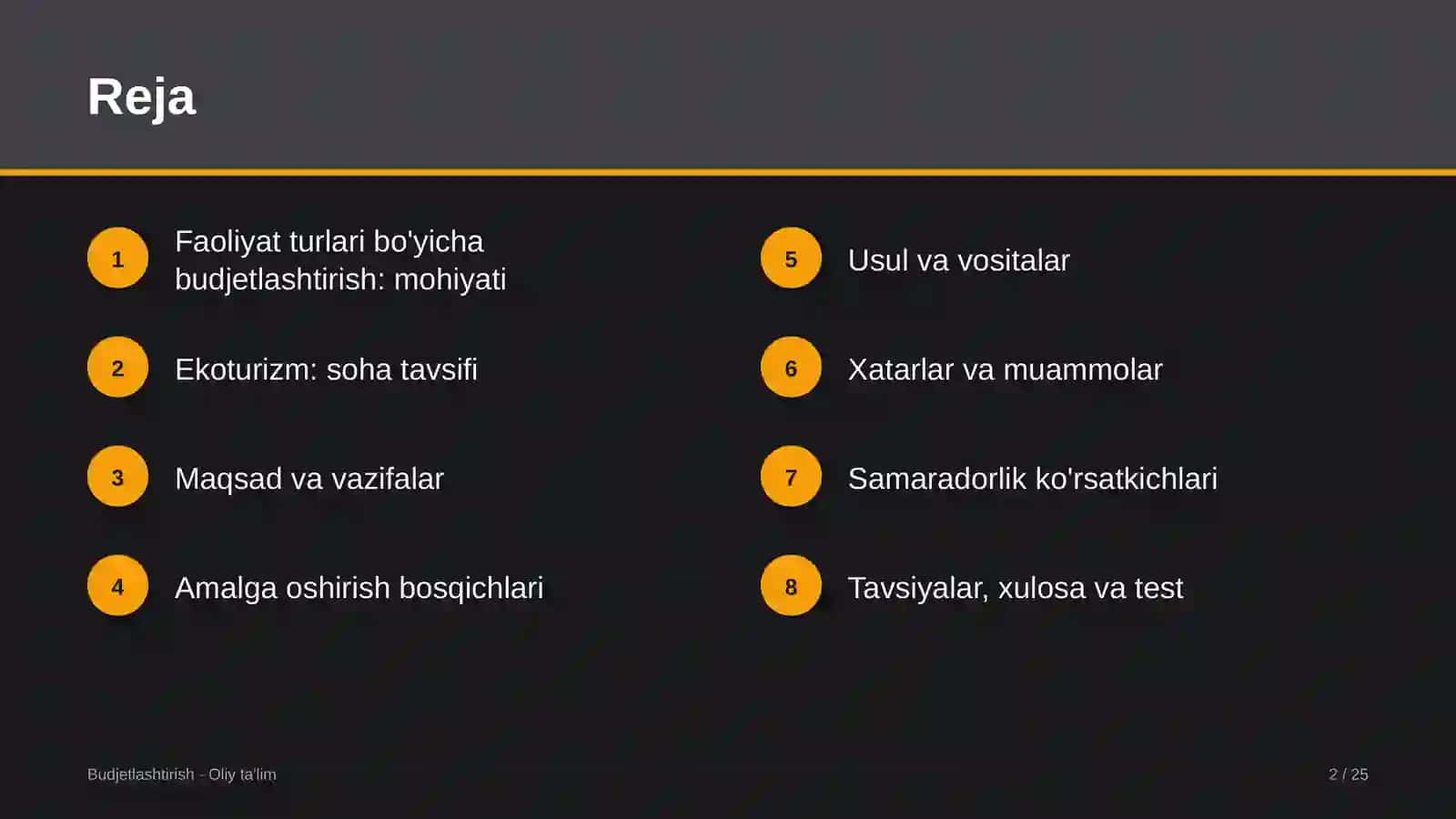 Ekoturizmda faoliyat turlari bo'yicha budjetlashtirish 2