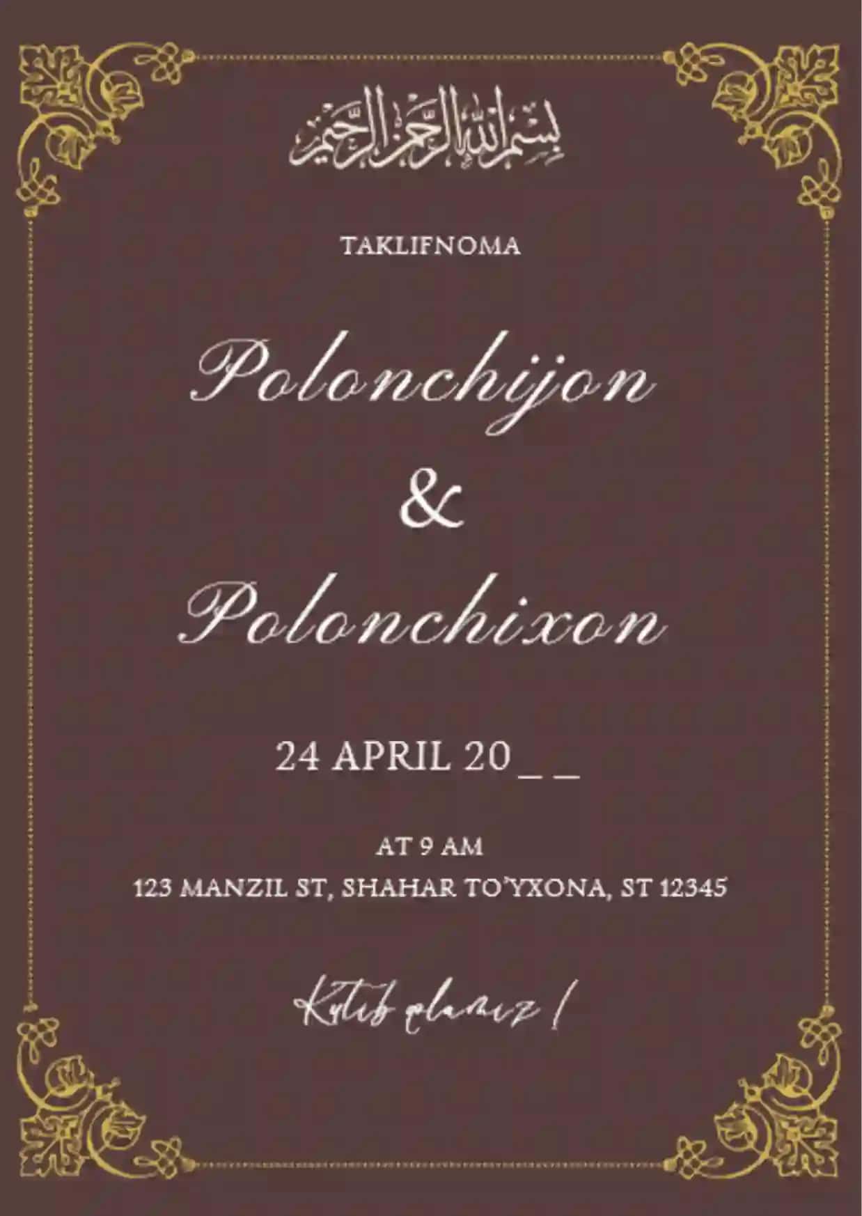 TAKLIFNOMA - To‘y hat, tug‘ilgan kun, yubiley, bayram, tadbir va boshqa quvonchli kunlaringiz uchun tayyor, chiroyli va zamonaviy tahrirlanadigan taklifnoma 2