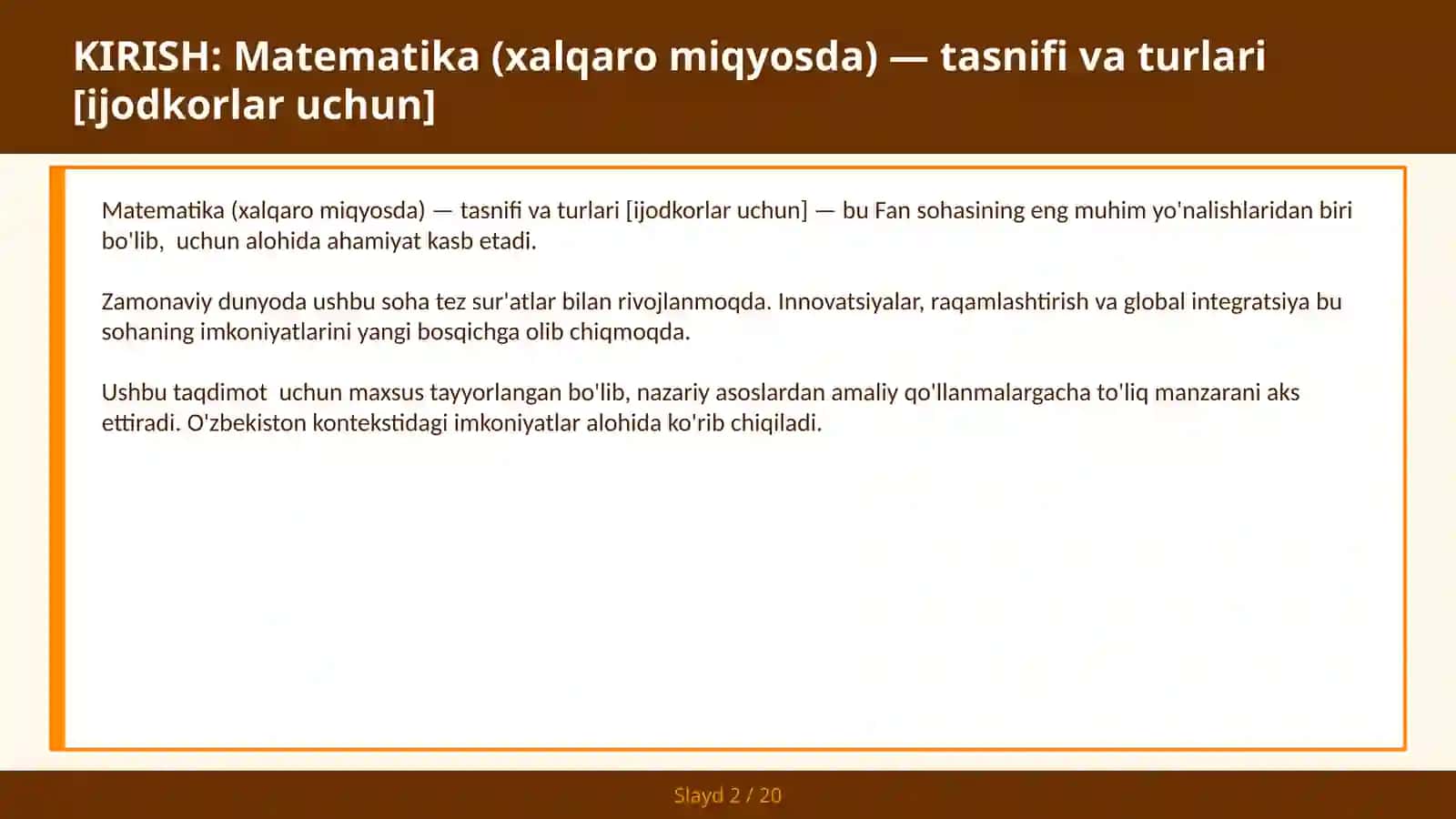Matematika (XALQARO MIQYOSDA) — TASNIFI VA TURLARI [IJODKORLAR UCHUN] 2