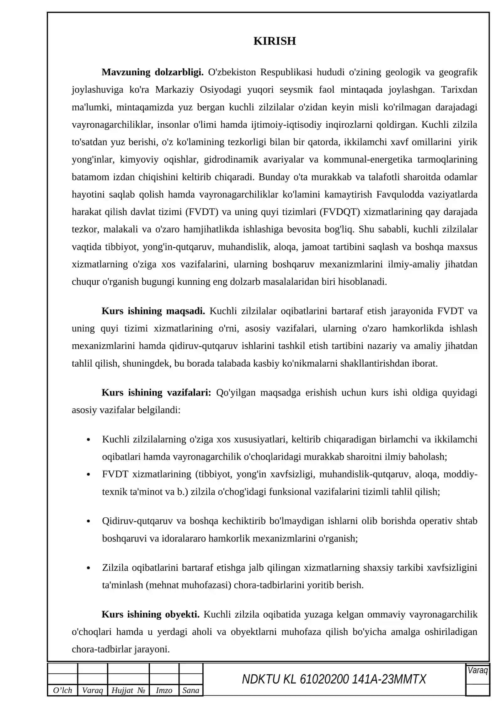 Favqulodda vaziyatlarda xavsizlik fanidan kurs ishi 3-4-5_kurslar uchun 2