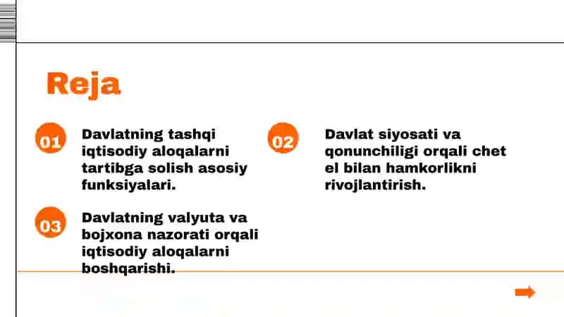 Davlatning tashqi iqtisodiy aloqalarni tartibga solishda ro'yxatdagi funksiyalari 2