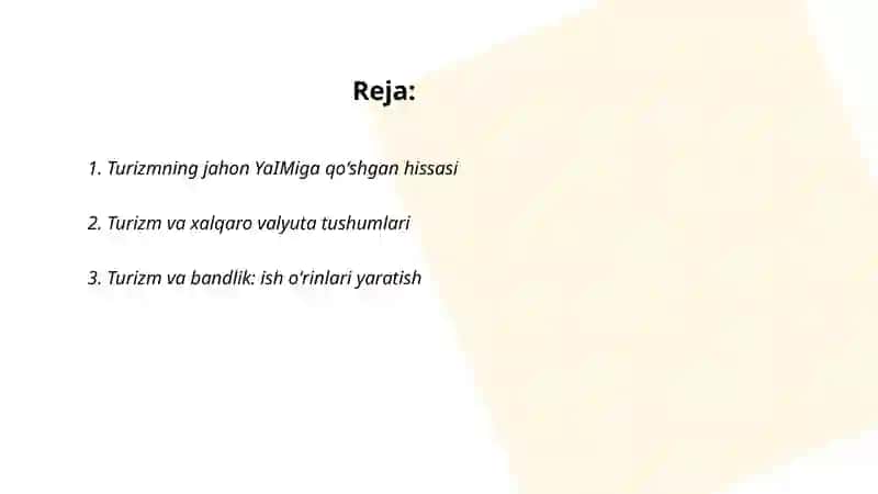 JAHON IQTISODIYOTIDA TURIZMNING O'RNI 2